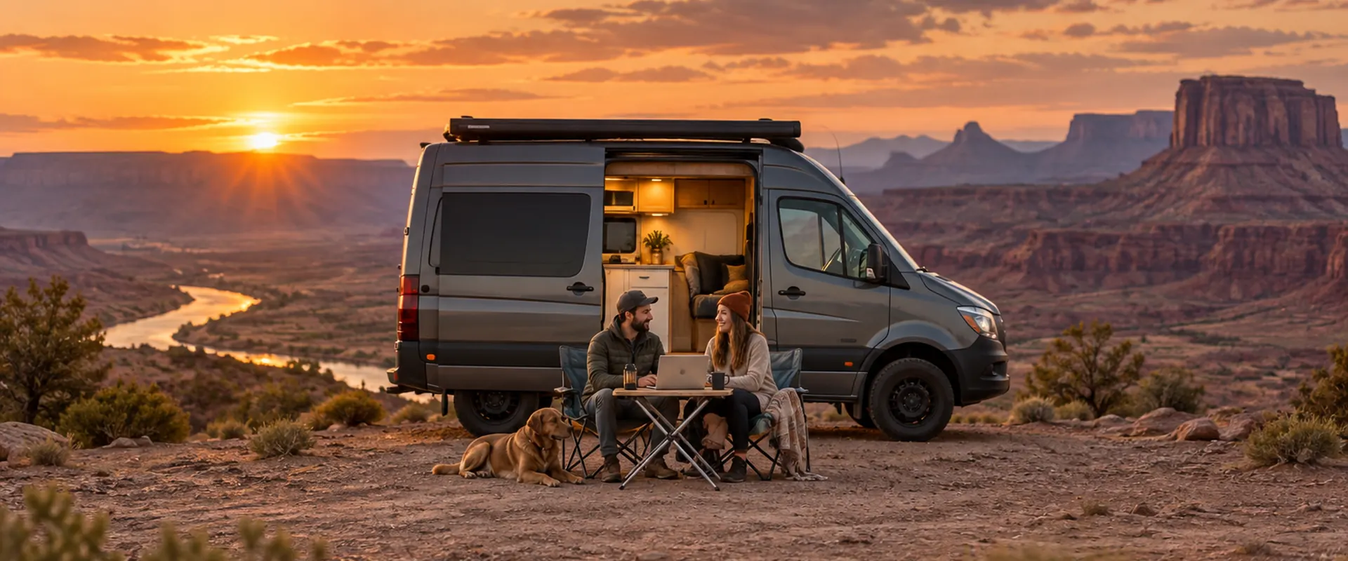 Camper van overlooking a desert canyon at sunset